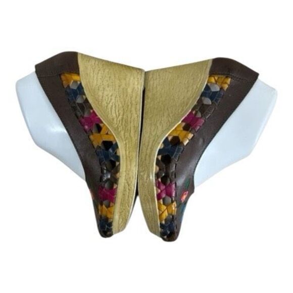 Handmade Leather Huarache Wedge Size 7 Brown Floral Embroidered Mexico Heels - Picture 4 of 12